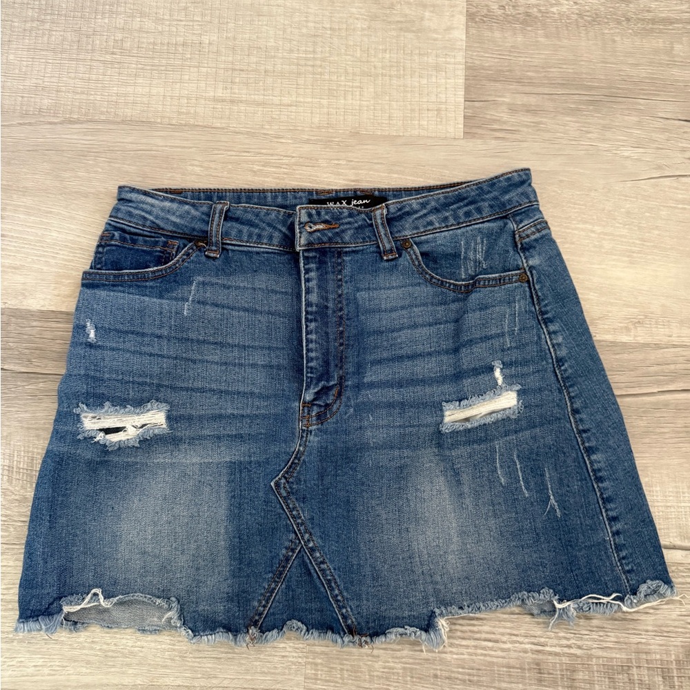Wax Jean Distressed Blue Denim Mini Skirt
